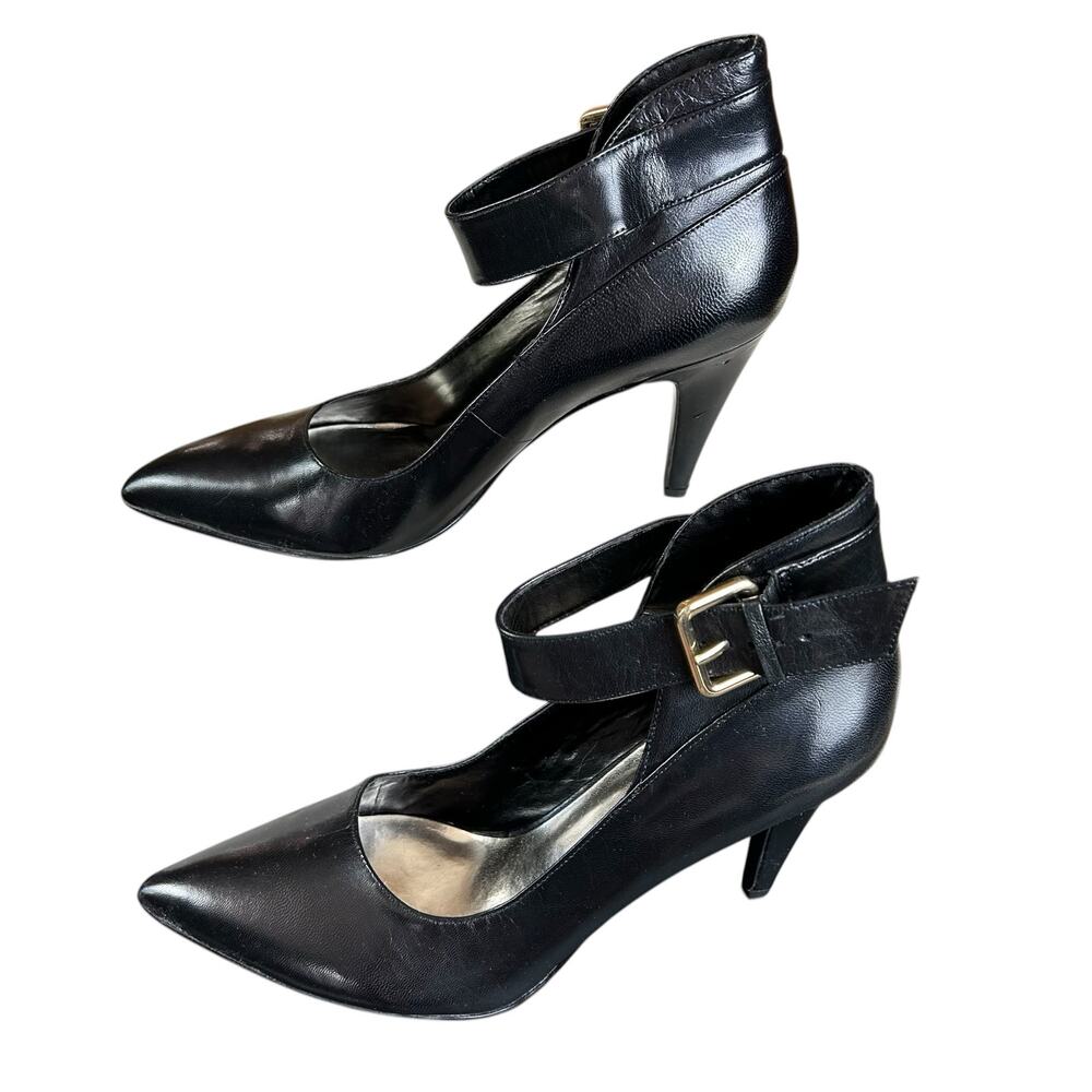 Nine West Pegglu Pumps Size 9.5M Black Leather Ankle Strap Stiletto Office Heels - Picture 4 of 12